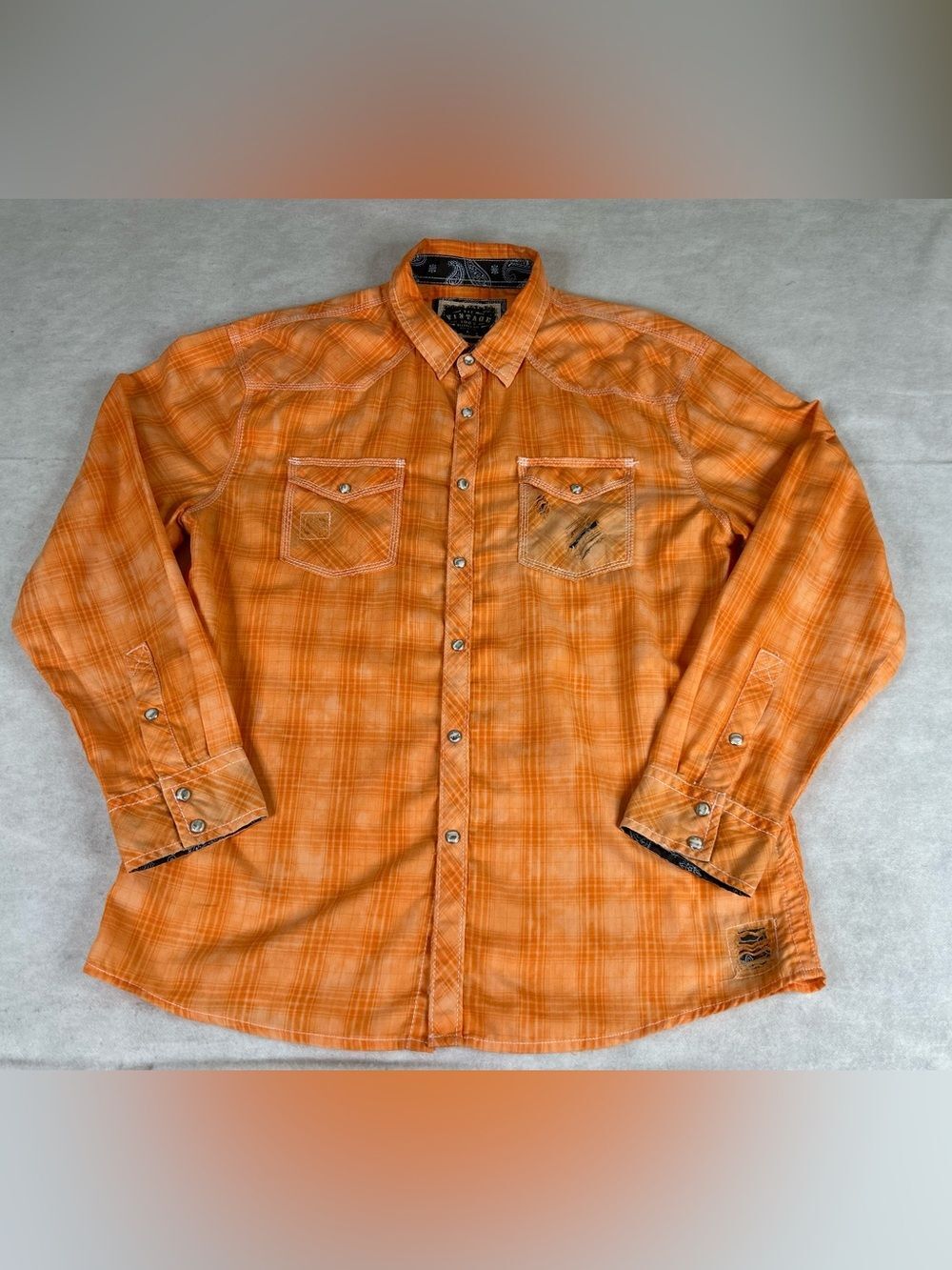 BKE Buckle Shirt Men Lg Orange Vintage 1967 Pearl Snap Distressed Long Sleeve